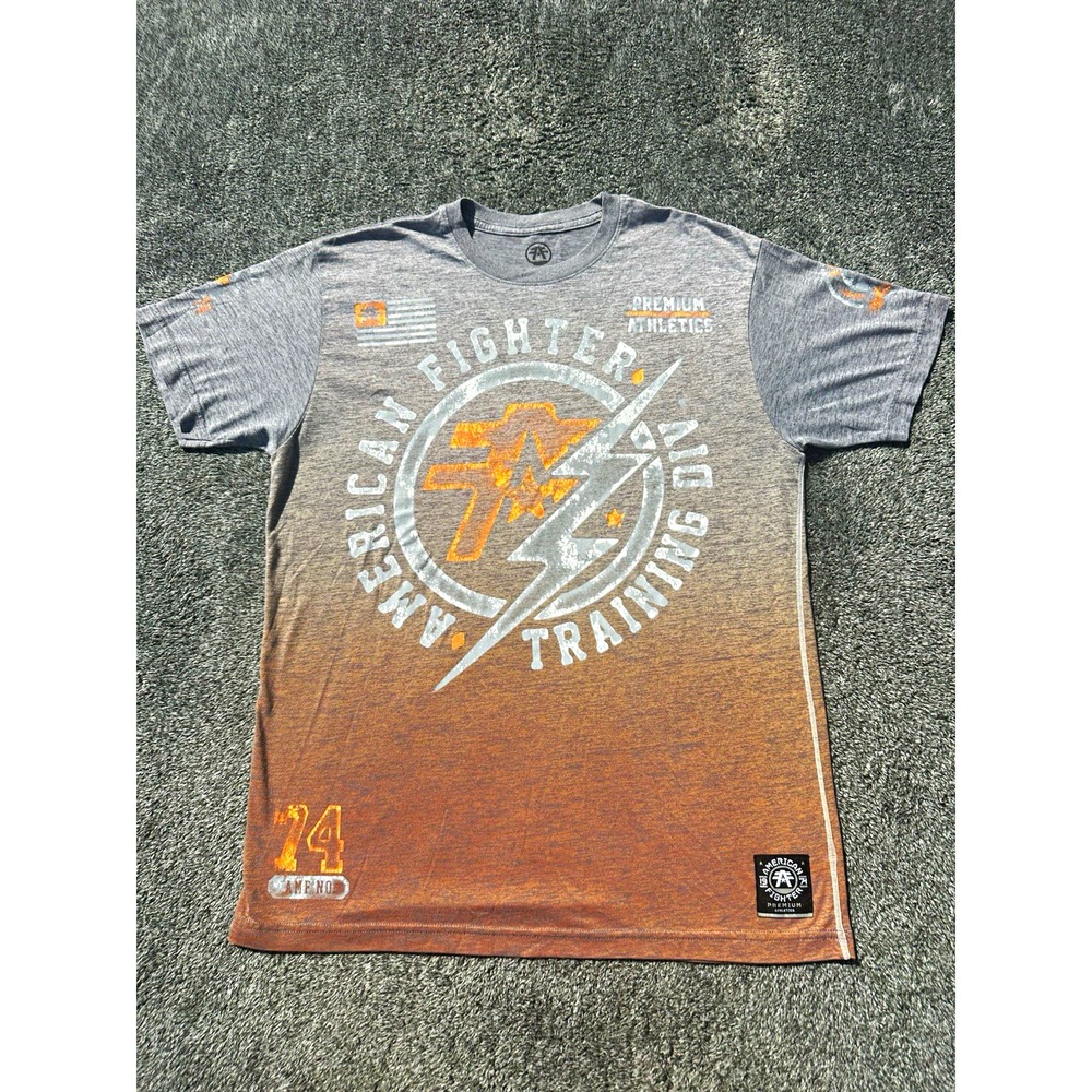 American Fighter Men's XL T Shirt Gray Orange Distressed MMA Y2K Graphic Tee